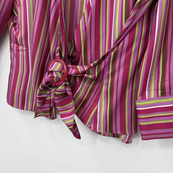 Lafayette 148 Silk Wrap Blouse size 16 Pink Mint Colorful Striped - Picture 3 of 11